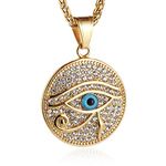 HZMAN 18k Gold Plated Iced Out Eye of Horus Egypt Protection Dog Tag Pendant Stainless Steel Necklace (Round Medal)