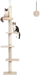 PAWZ Road Cat Tree 5-Tier Floor to Ceiling Cat Tower Height Adjustable 95-107 Inches, Tall Kitty Climbing Activity Center with Scratching Post, Cozy Bed, Dangling Ball for Indoor Cats Beige