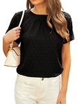 Cutebird Women's Swiss Dot Blouse Round Neck Short Sleeve Business Casual Work Top(Black,Small)