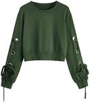 SweatyRocks Women's Casual Lace Up Long Sleeve Pullover Crop Top Sweatshirts Green L