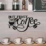 But First Coffee Sign, Black Metal Coffee Wall Art Decor, Hanging Coffee Bar Sign with Coffee Cup and Beans, 35x18cm Coffee Signs Kitchen Decoration for Home Coffee Station Shop Corner Accessories