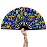 Raveahem UV Glow Rave Fan, Bamboo Folding Clack Hand Fan for Men Women (Mushrooms, Large 13")