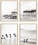 HAUS AND HUES Beach Wall Art Black and White - Set of 4 Black and White Wall Art Beach Posters, Beach Wall Decor, Black and White Wall Decor, Ocean Posters Black and White Beach (Beige Frame, 8x10)