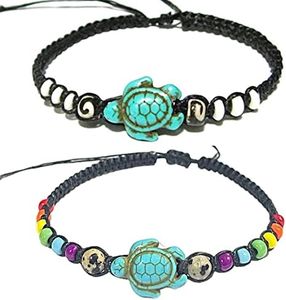 2 Pcs Hawaiian Sea Turtle Bracelet-Black Bracelet with Turtle in Turquoise Color-Turtle Hemp Bracelet