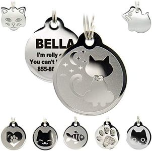 Stainless Steel Cat ID Tags - Engraved Personalized Cat Tags includes up to 4 Lines of Text with Kitty Shape