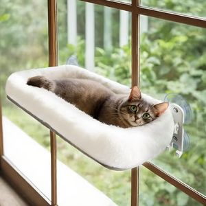 POMESEA Cordless Cat Window Perch, Cat Foldable Hammock for Windows with 4 Strong Suction Cups, Solid Metal Frame, Patented Hook Design (Large-Cushion White)