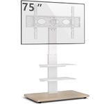 RFIVER Wooden Base Floor TV Stand with mount for 32-75 Inch LED OLED LCD Plasma Flat Curved Screens, Height Adjustable with 3-Tier Shelves, Max VESA 600x400mm hold up to 50KG, White