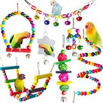 7 Pcs Bird Budgie Toys, ESRISE Hanging Bell Pet Bird Cage Hammock Swing Climbing Ladders Toy Wooden Perch Mirror Chewing Toy for Conures, Love Birds, Small Parakeets, Cockatiels, Parrot (Muliti-B)