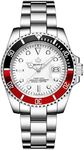 FANMIS Mens Luxury Watches Rotatable Bezel Mineral Glass Luminous Hand Quartz Silver Tone Stainless Steel Watch (White Red)