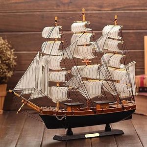 Wooden Sailboat Model 9" Tall Marine Coastal Sailing Ship Model Mediterranean Style Wood Handcrafted Sailing Boat Vintage Nautical Ocean Theme Sailing Boat Ornaments Home Office Tabletop Decors