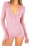 LACOZY Womens Long Sleeve V Neck Rompers Unitard Bodysuit Workout Jumpsuit One Piece Fall Gym Yoga Fashion 2024 Pink S