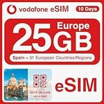 Vodafone Europe Prepaid eSIM Card - 25GB Data in 5G/4G/LTE in Europe and UK for 10 Days - Support Hotspot and Data Tethering for iPhone/Android - Covering Spain, Italy, Portugal, Greece, Switzerland