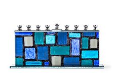 Glass Hanukkah Menorah – Blue and White Menorah Hanukkah – Western Wall/Kotel – Suitable for All Standard Hanukkah Candles – Handmade Menorah Made of Painted Glass