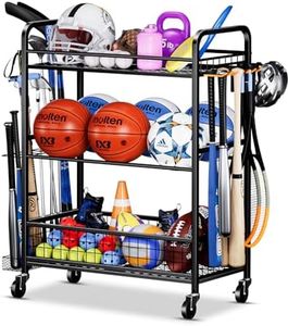 FHXZH Garage Sports Equipment Organizer - Rolling Ball Storage Rack with Wheels, Sports Gear Organizer for Garage Indoor Outdoor Toy Storage Rack, Basketball Racks Ball Cart with Basket and Hooks