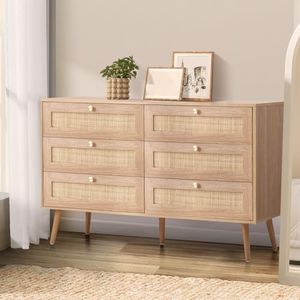 Oikiture Chest of Drawers Dresser Chest with 6 Storage Cabinet Tallboy Rattan