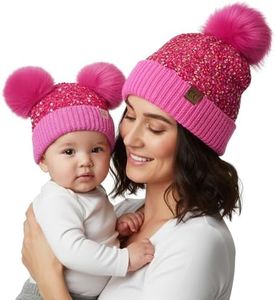 Funky Junque Mommy & Me Double Pom Beanies – Mama & Baby Mini Matching Winter Outfits, Mom & Newborn Infant Baby Girl Beanie Hat Set (2 Pack) - Sequin - Hot Pink