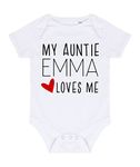 Miammo Personalised my Auntie name loves me (love heart style) for niece, nephew [BBY7] baby grow vest, 0-3 months, White