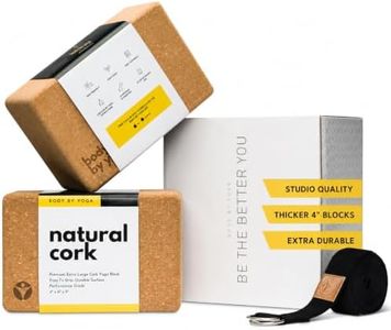 Cork Yoga Blocks 2 Pack – High Density Non Slip with Select Cork Grain for Chip-Resistant Durability | Extra Thick 4” for Support & Stability | Natural, Smooth, and Crumble Free | Body By Yoga (Classic, With Strap)