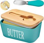 Ceramic Butter Dish with Wooden Lid, Airtight Butter Keeper for Counter or Fridge with Stainless Steel Multipurpose Butter Knife, Butter Container with Double High-Quality Silicone(Light Blue)