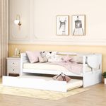 Twin Daybed with Trundle Wood Day Bed Frame with Foldable 2 Shelves, Twin Size Wooden Sofa Bed for Living Room Bedroom, White