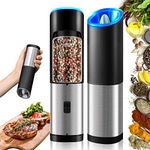 Rocyis Electric Salt and Pepper Grinder-Gravity Automatic Spice Mill Set-Battery Powered w/LED Light, Adjustable Coarseness, One Hand Operated Smart Kitchen Gadgets, Stainless Steel, 2 Pack