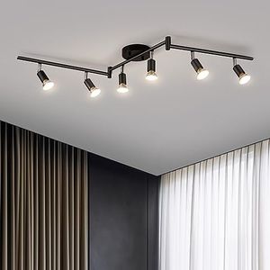 Bojim 6 Light LED Track Lighting Kit, Ceiling Spot Lighting with Adjustable Light Heads & Foldable Light Arms, Matte Black Kitchen Track Lighting (GU10 Socket, Bulbs Not Included)