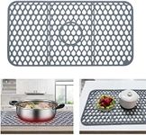 Foldable Non-Slip Sink Mat, Silicone Sink Protectors for Kitchen Sink, Sink Mat Grid for Bottom of Farmhouse Stainless Steel Porcelain Sink for Center Drain (26''x 13.8'')-Grey