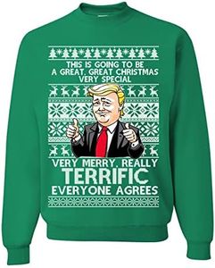Great Terrific Merry Christmas Funny Donald Trump Xmas | Mens Ugly Christmas Sweater Crewneck Graphic Sweatshirt, Kelly, Large