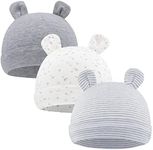 FUOITA 3 Pieces Infant Baby Bear Ears Hat Unisex Newborn Beanie Cotton Cap for 0-6 Months, Grey Moonstar, 0-6 Months