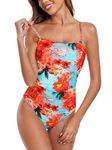 RELLECIGA Women's Blue Floral Removable Straps Bandeau One Piece Swimsuit Ruched Bathing Suits for Women Size Medium