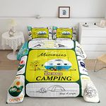 Happy Camping Comforter Set for Kids Queen,Camper Car Decor Bedding Sets for Travel Rv Bunk Bed,Kids Cartoon Camper Cars Decor Down Comforter Woodland Travel Camp Quilt Bedding with 2 Pillow Cases