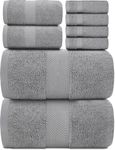 White Classic Luxury Bath Towel Set of 8 Pieces - 100% Turkish Cotton 700 GSM Highly Absorbent Towels for Bathroom, 2 Bath Towels, 2 Hand Towels, 4 Washcloths - Light Grey