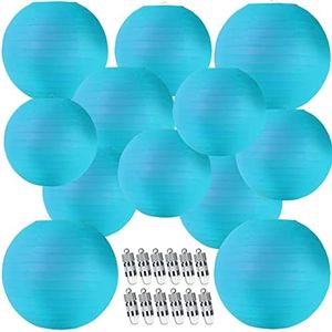 12pcs Sky Blue Paper Lanterns with 12pcs White LED Lights, 6" 8" 10" 12" Round Hanging Chinese/Japanese Ball Lantern for Wedding Anniversary Birthday Party Decorations