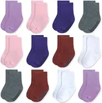 JAKIDAR 12 Pairs Baby Socks Cotton Crew Toddler Socks Grips Non Slip Bottom Kids Socks, Purple 6-12M