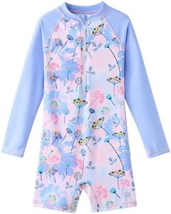 UMELOK Girls Rash Guard Swimsuits Long Sleeve One Piece Swimwear with UPF 50+ Sun Protection Zipper Bathing Suits Blue Pink Flower,8Y