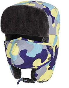 Winter Windproof Camo Ushanka Russian Hat Kids Thick Furry Plush Cycling Camping Earflap Hat Travel Warm Outdoor Ski Snowboarding Sledding Cap Hoodie Hat Face Ear Head Warmer for Girls Boys