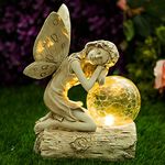 GloBrite Solar Powered Fairy Angel Garden Resin Ornament - Crystal Glass Crackle Ball with LED Light, Hand Painted Figurine Statue for Porch Patio Yard Porch Decorations