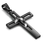 Flongo Men's Vintage Stainless Steel 2 Tone Hollowed Dual Cross Pendant Necklace, Black Silver, 22 inch Chain