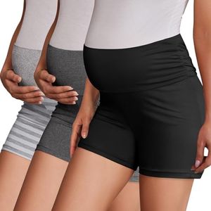 Ekouaer 3 Pack Women's Maternity Shorts Stretchy Workout Pregnancy Shorts Comfy Lounge Pajama Sleepwear Black/Dark Heather Grey/Heather Grey White Stripe XL