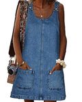 BZB Women's Sleeveless Casual Denim Dress Crewneck Vintage Overall Mini Dress with Pockets, Mid Blue, Medium