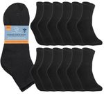 Special Essentials 12 Pairs Men's Cotton Diabetic Ankle Socks Black Grey White (Black, 9-11)