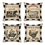 NYDECOR Rustic Farmhouse Pillow Covers Farm Animal Throw Pillow Case Buffalo Plaid Sheep Chicken Pig Cow Country Cushion Cover for Couch Sofa Cotton Linen 18x18 Set of 4