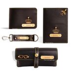 Innovative Gifts Men's Customized Leather Gift Combo Set I Personalized Wallet, Keychain, Sunglass & Passport Cover with Name & Charm I for Boyfriend Men Husband Birthday Anniversary Wedding (Black)