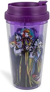 Silver Buffalo Disney Villains “Bad Vibes Only” Double Wall Plastic Travel Mug Featuring Ursula, Maleficent, Evil Queen, and Cruella de Vil, 16 Ounces