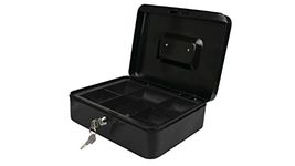 Hyfive® Petty Cash Box 8" 200mm Supplied With 2 Keys and Removable Change Tray, Perfect Secure Storage For Loose Change, Black Metal Cash Box