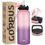 GOPPUS 40 oz Insulated Water Bottle with Straw Stainless Steel Sports Flask with 3 Lids (Straw, Spout and Handle Lid) Wide Mouth Metal Water Bottles Keep Hot and Cold for Men Women (Pink Purple)