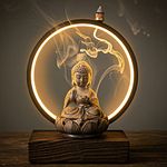 Ceramic Buddha Incense Burner Waterfall Chinese Backflow Incense Burner Holder with LED Light Incense Cones for Home Office Decor (Brown)