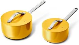 Caraway Nonstick Ceramic Sauce Pans with Lids (3 qt & 1.75 qt) - Non Toxic, PTFE & PFOA Free - Oven Safe & Compatible with All Stovetops (Gas, Electric & Induction) - Marigold