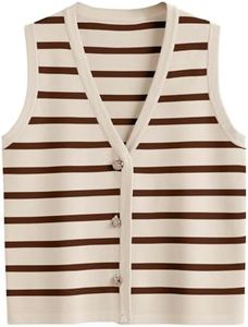 LILLUSORY Vest Tops for Women 2026 Spring Striped Sweaters Button Up Summer Business Casual Outfits Womens Blouses Jackets Fashion Clothes Sleeveless V Neck Tops Apricot Coffee XL