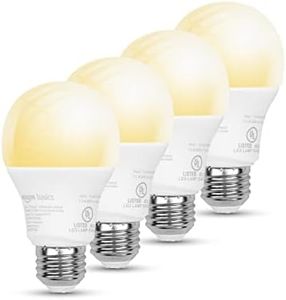 Amazon Basics Smart A19 LED Light Bulb, Dimmable Soft White (2700K), 60W Equivalent, 800LM, Works with Alexa Only, 2.4 GHz Wi-Fi, No Hub Required, 4 Pack